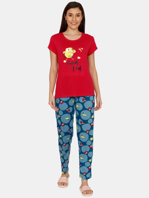

Zivame Women Red & Navy Blue Printed Night suit