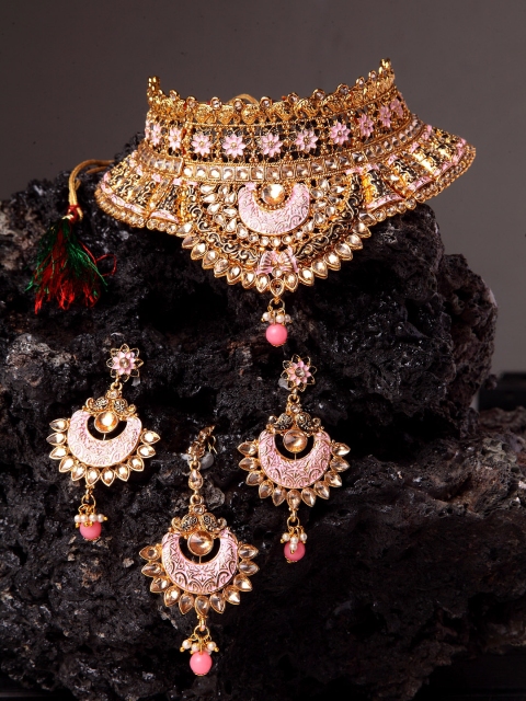 

ANIKAS CREATION Gold-Plated Beige & Pink Kundan-Studded Enamelled Bridal Look Choker Jewellery Set