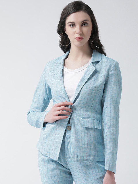 

Aayna Women Blue Regular Fit Striped Single-Breasted Formal Pure Cotton Blazer
