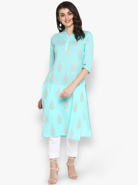 

Janasya Women Turquoise Blue Printed Straight Kurta