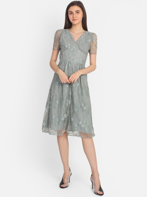 

COVER STORY Women Green Self Design Fit and Flare Dress