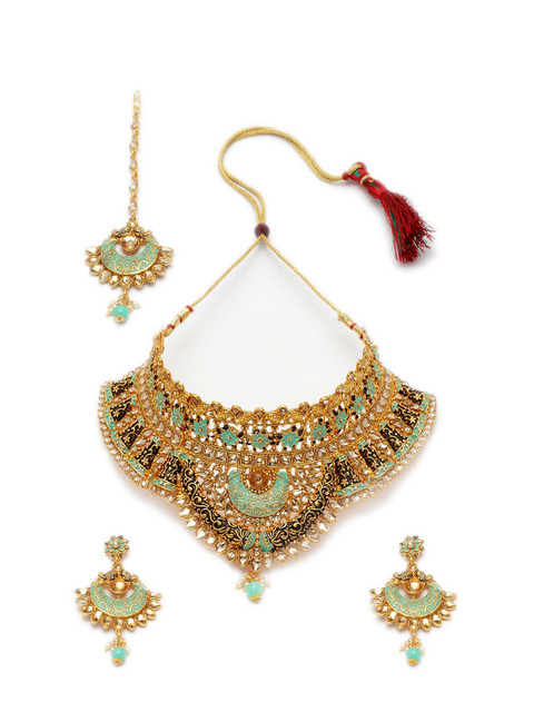 

ANIKAS CREATION Gold-Plated Beige & Sea Green Kundan-Studded Enamelled Bridal Look Choker Jewellery Set