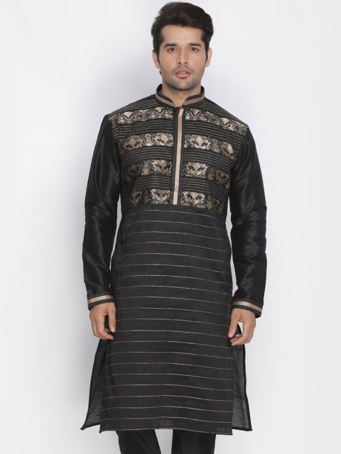 

VASTRAMAY Men Black & Gold-Toned Striped Straight Kurta