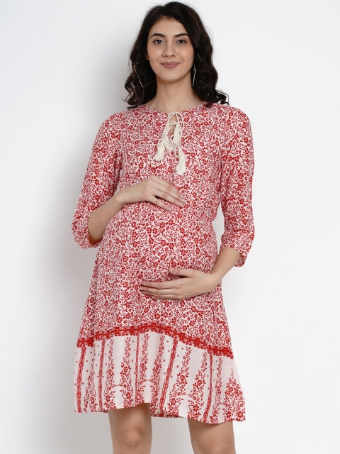 

Mine4Nine Women Red Printed A-Line Maternity Dress