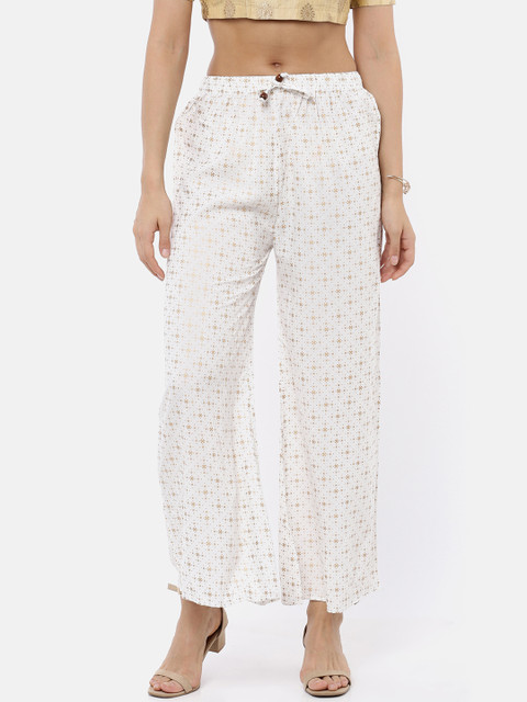 

GOLDSTROMS Women White & Gold-Coloured Printed Straight Palazzos