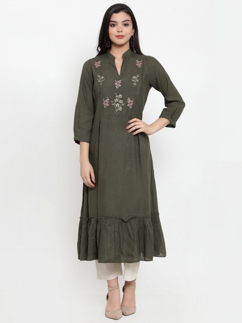

Aujjessa Women Olive Green Embroidered A-Line Kurta
