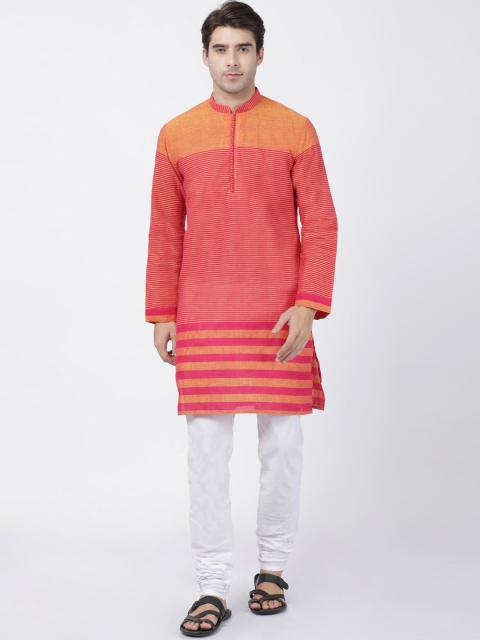 

VASTRAMAY Men Pink & Orange Striped Kurta with Pyjamas