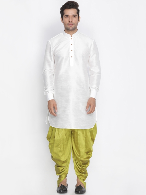 

VASTRAMAY Men White & Green Solid Kurta with Dhoti Pants