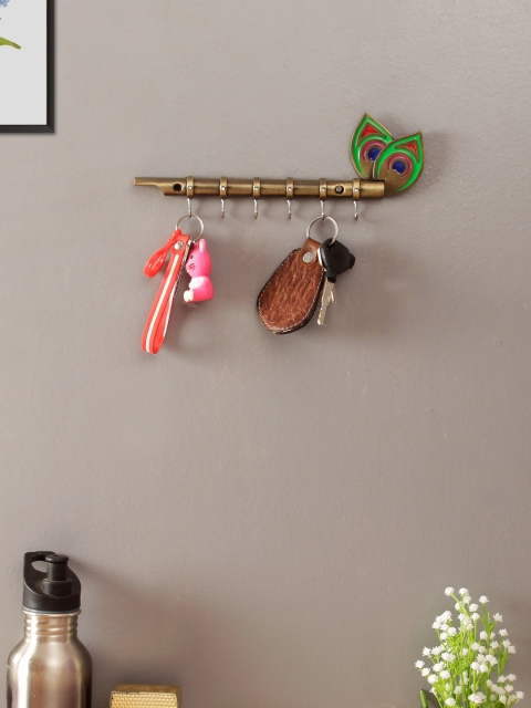 

WISHTANK Gold-Toned Antique Lord Krishna's Flute & Peacock Quills Key Holder