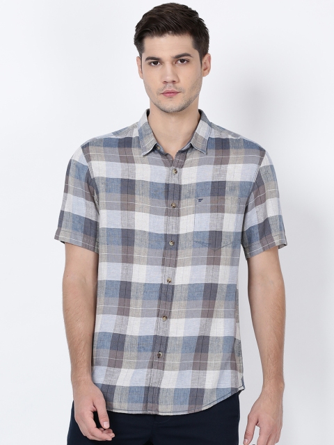 

t-base Men Blue & Grey Regular Fit Checked Linen Casual Shirt