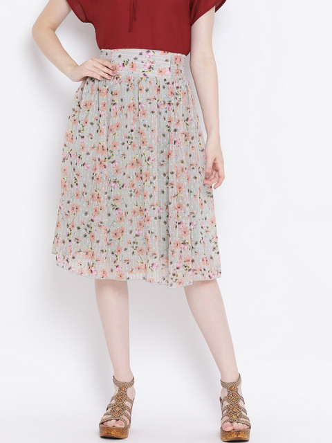 

Oxolloxo Women Grey & Peach-Coloured Printed Floral Fresh Flared Skirt