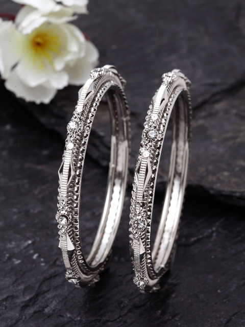 

Stoln Girls Set Of 2 Silver-Plated & White Stone-Studded Beaded Bangles