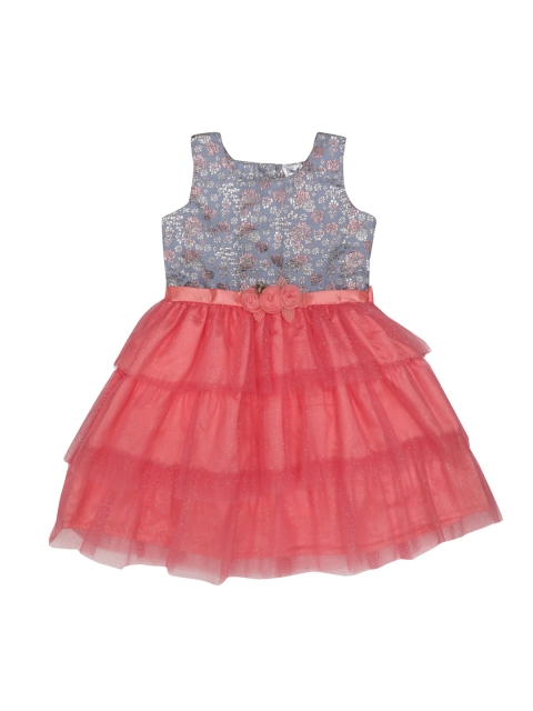 

Doodle Girls Pink & Grey Floral Embroidered Colourblocked Fit and Flare Dress