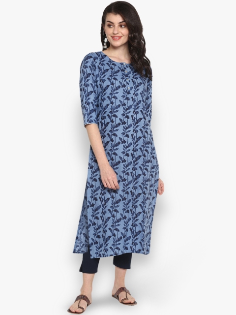 

Janasya Women Blue & Navy Blue Printed Straight Kurta