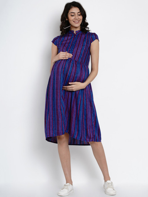 

Mine4Nine Women Blue Striped A-Line Maternity Dress