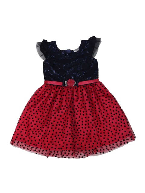 

Doodle Girls Navy Blue & Coral Pink Printed Embellished Fit and Flare Dress