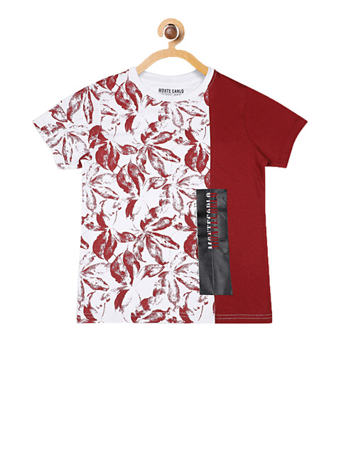 

Monte Carlo Boys White & Maroon Floral Printed Round Neck T-shirt