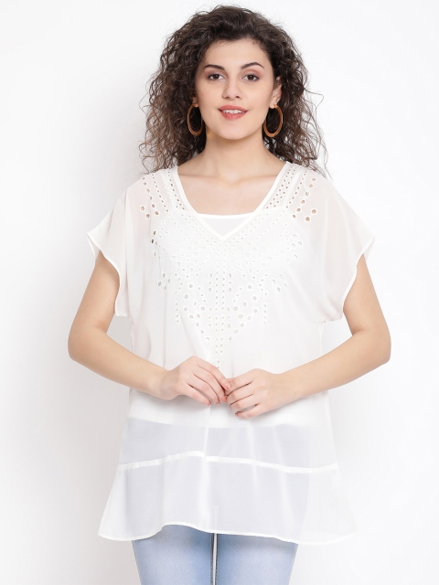 

Oxolloxo Women White Self Design Schiffli A-Line Top