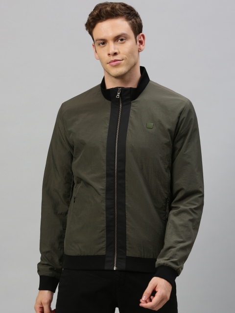 

RARE RABBIT Men Olive Green & Black Solid Insulator Bomber Jacket
