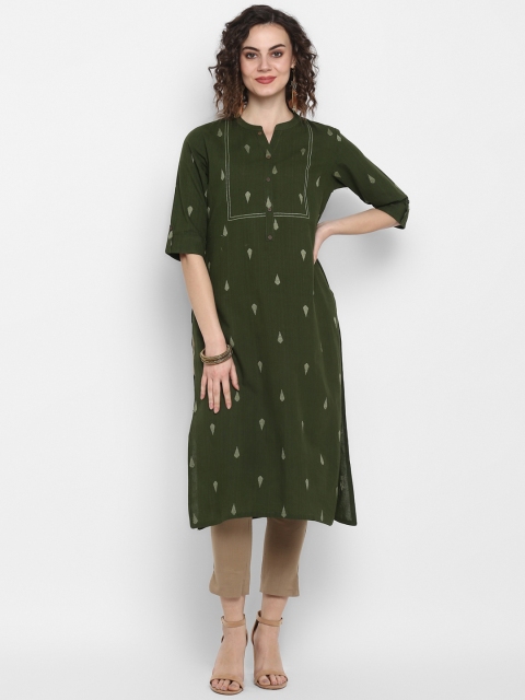 

Janasya Women Green Woven Design Straight Kurta