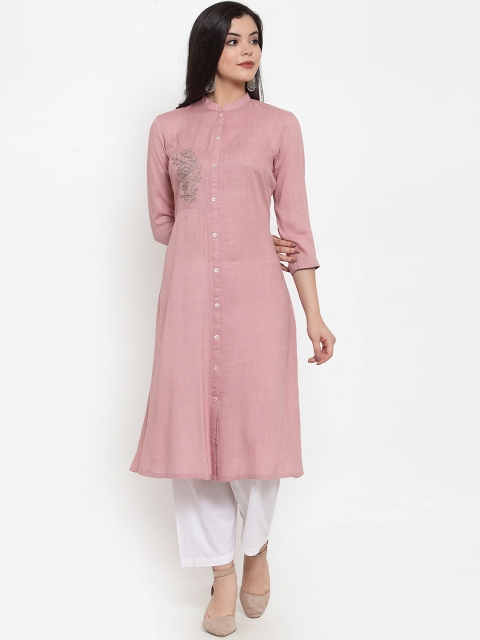 

Aujjessa Women Pink Embroidered A-Line Kurta