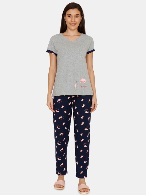 

Zivame Women Navy Blue & Grey Printed Night suit