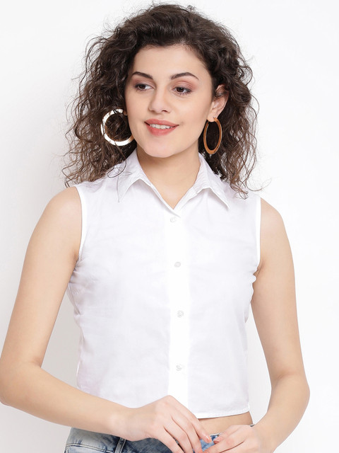

Oxolloxo Women White Solid Shirt Style Pure Cotton Top