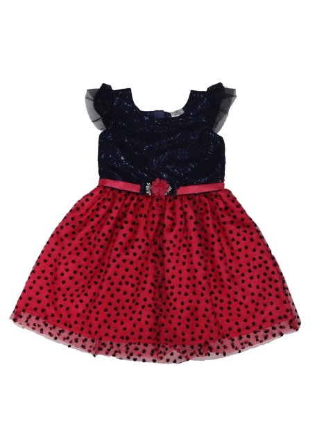 

Doodle Girls Navy Blue & Coral Pink Printed Embellished Fit and Flare Dress
