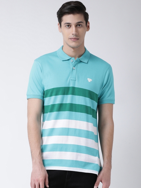 

Club York Men Sea Green & White Striped Polo Collar T-shirt