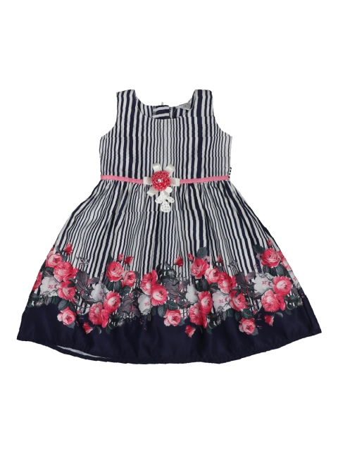 

Doodle Girls Navy Blue & White Striped Fit and Flare Dress