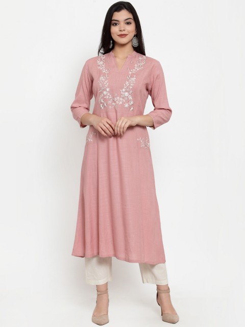 

Aujjessa Women Pink Embroidered A-Line Kurta