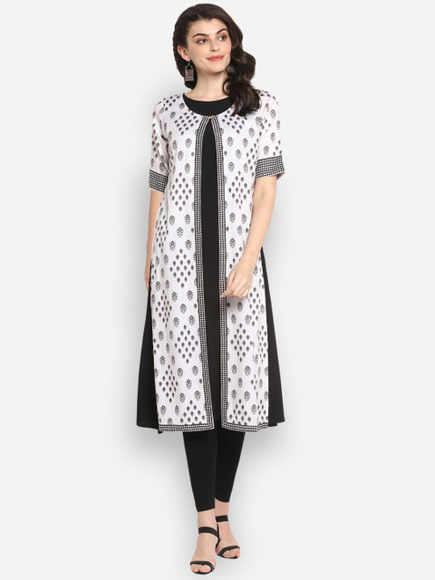 

Janasya Women Black & White Printed A-Line Layered Kurta
