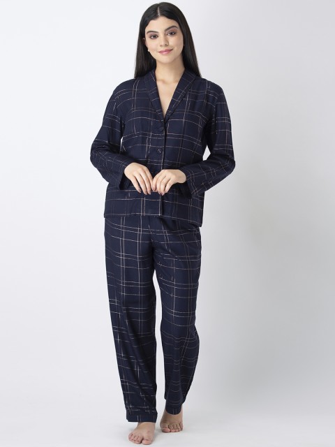 

ADORENITE Women Navy Blue Striped Night suit