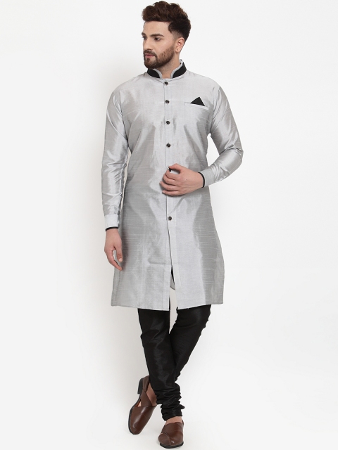 

Benstoke Men Silver-Coloured & Black Solid Silk Sherwani & Churidar set