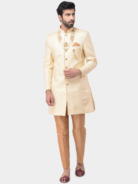 

SG RAJASAHAB Men Beige & Brown Woven Design Silk Sherwani Set
