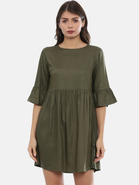 

IDK Women Olive Green Solid Fit and Flare Dress