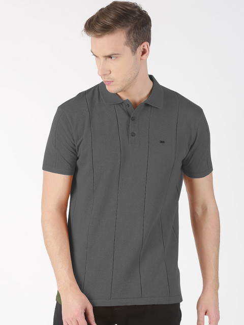 

BLACK BUCK Men Charcoal Grey Striped Polo Collar T-shirt