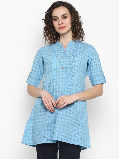 

Janasya Women Blue Checked Longline A-Line Pure Cotton Top
