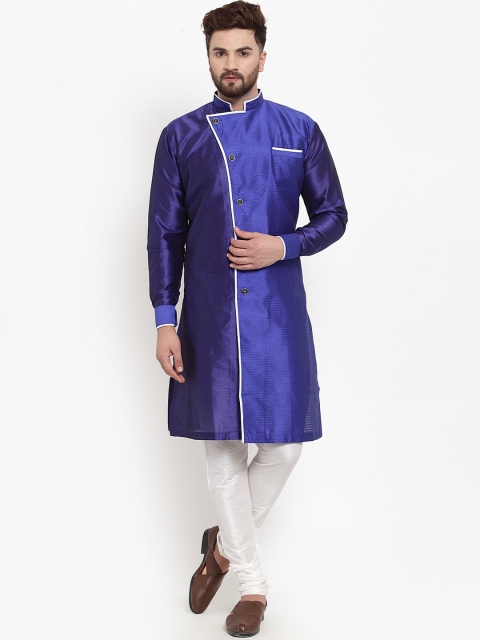 

Benstoke Men Blue & White Woven Design Silk Sherwani & Churidar set