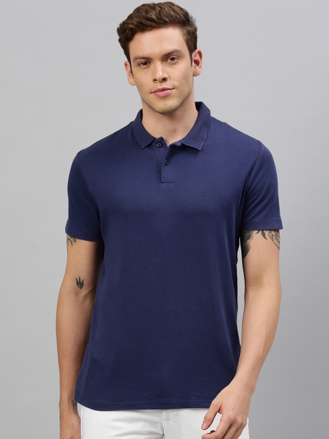 RARE RABBIT Men Navy Blue Solid Polo Collar T-shirt