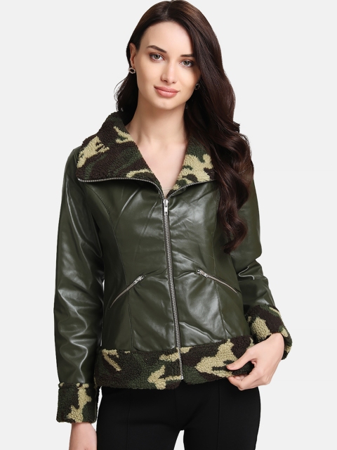 

Kazo Women Olive Green Camouflage Printed Leather Jacket