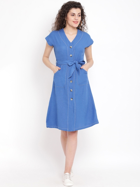 

Oxolloxo Women Blue Solid Fit and Flare Dress