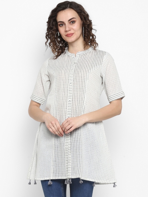 

Janasya Women White Striped Shirt Style Pure Cotton Top