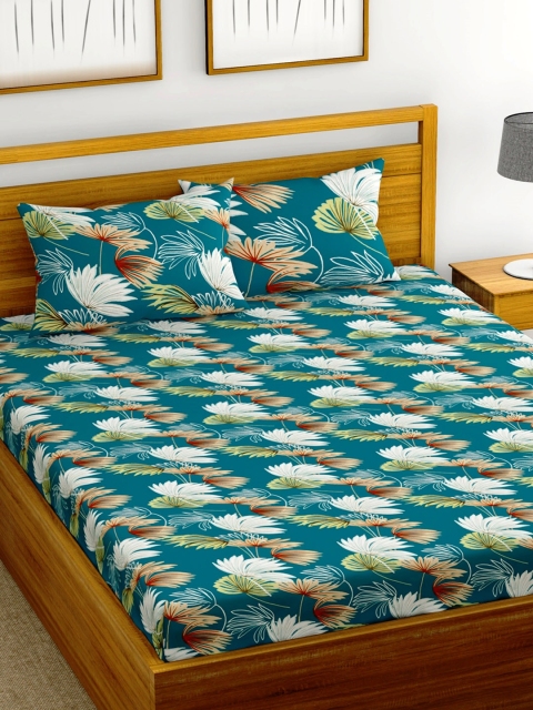 

URBAN SPACE Green Floral 144 TC Cotton 1 Queen Bedsheet with 2 Pillow Covers