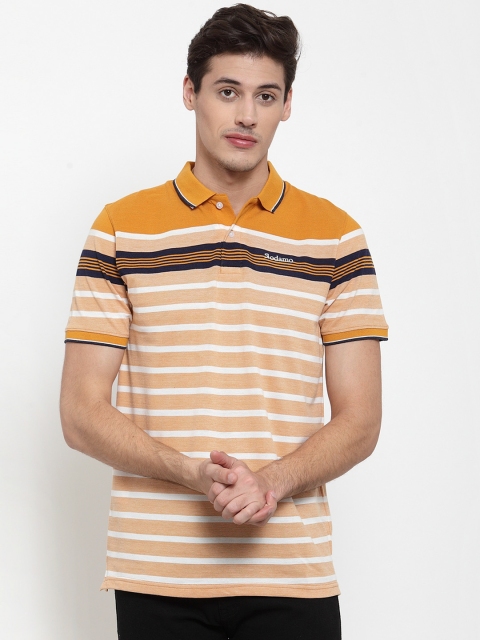 

Rodamo Men Mustard Yellow & White Striped Polo Collar T-shirt