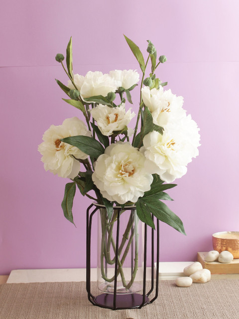 

Aapno Rajasthan Set Of 2 White & Green Artificial Blooming Peony Flower Stems