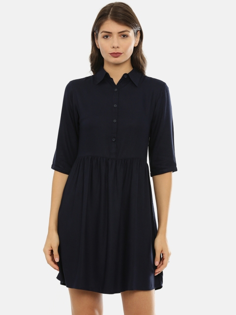 

IDK Women Navy Blue Solid Shirt Dress