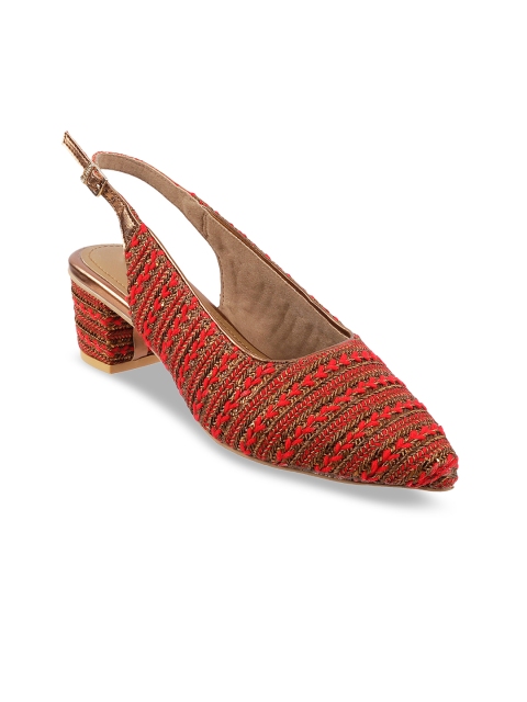 

Metro Women Orange & Gold-Toned Woven Design Block Heeled Mules