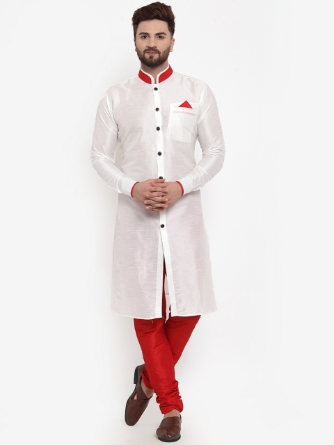 

Benstoke Men White & Red Woven Design Silk Sherwani & Churidar set