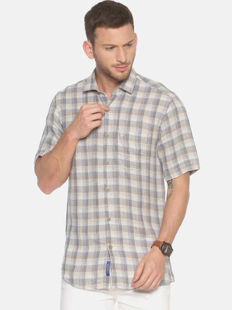 

Linen Club Men Grey Checked Linen Regular Fit Casual Shirt